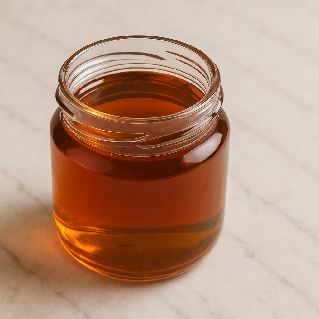 Flasche mit Ahornsirup und einem Löffel Sirup