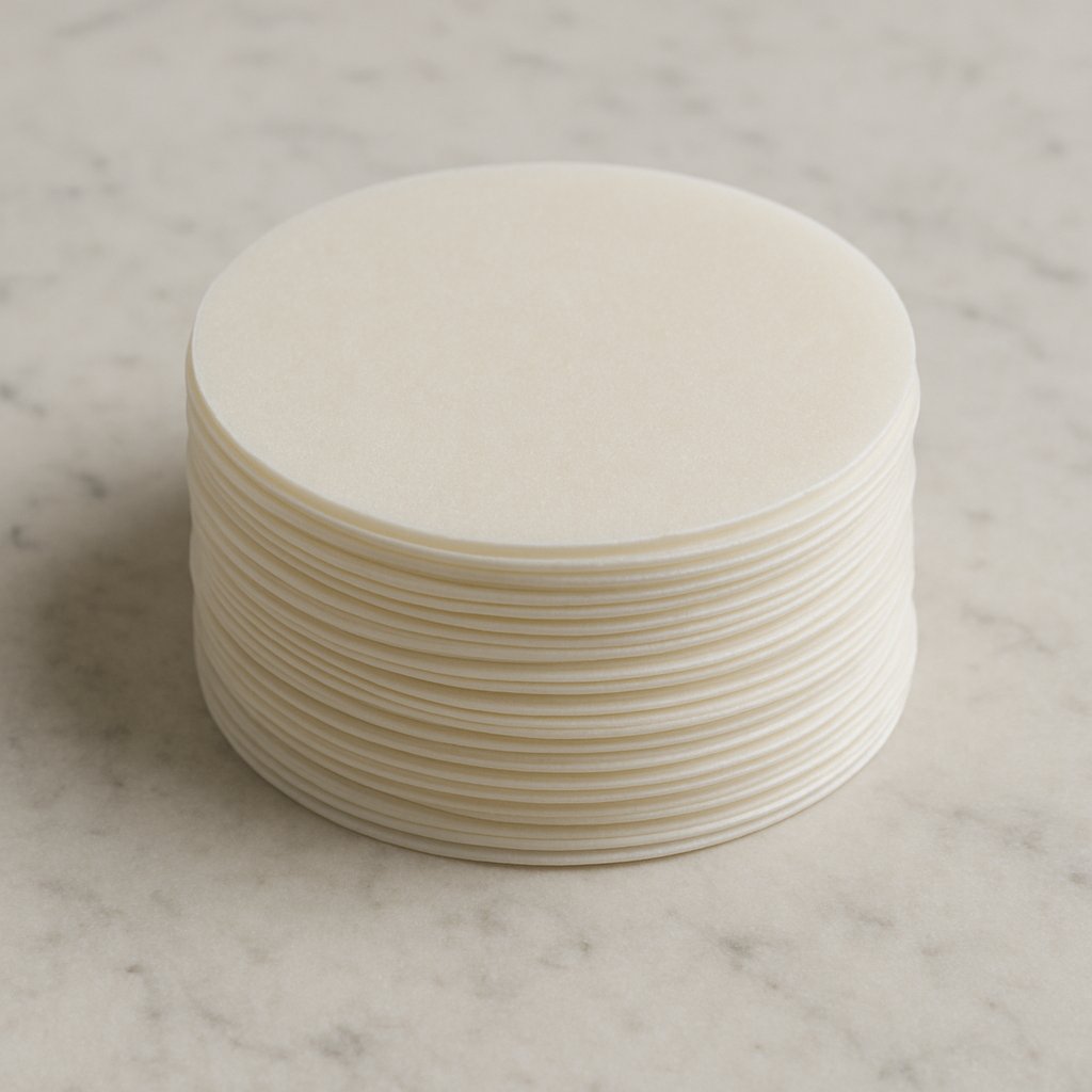 Runde weiße Backoblaten auf einem Holzbrett