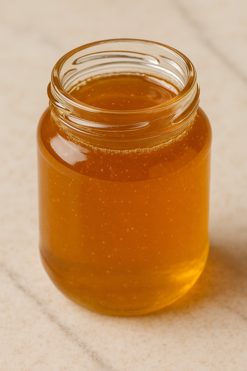 Flüssiger goldgelber Bienenhonig in einem Glas mit Honiglöffel