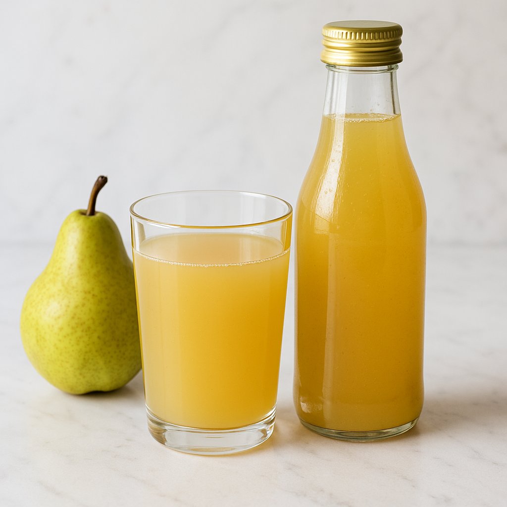 Glas mit hellgelbem Birnensaft und frischen Birnen daneben