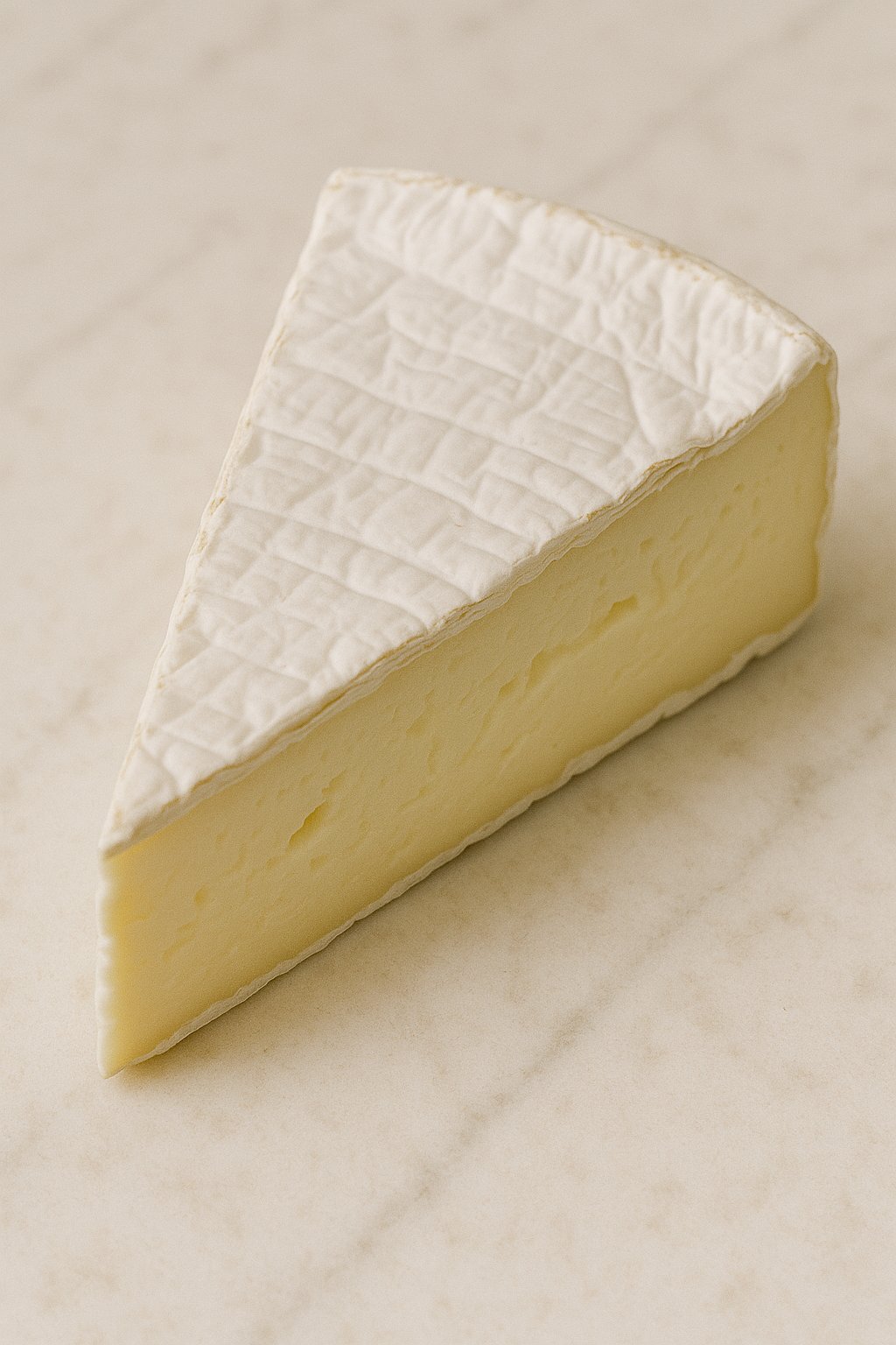 Ein Stück Brie-Käse mit weißer Rinde auf einem Holzbrett