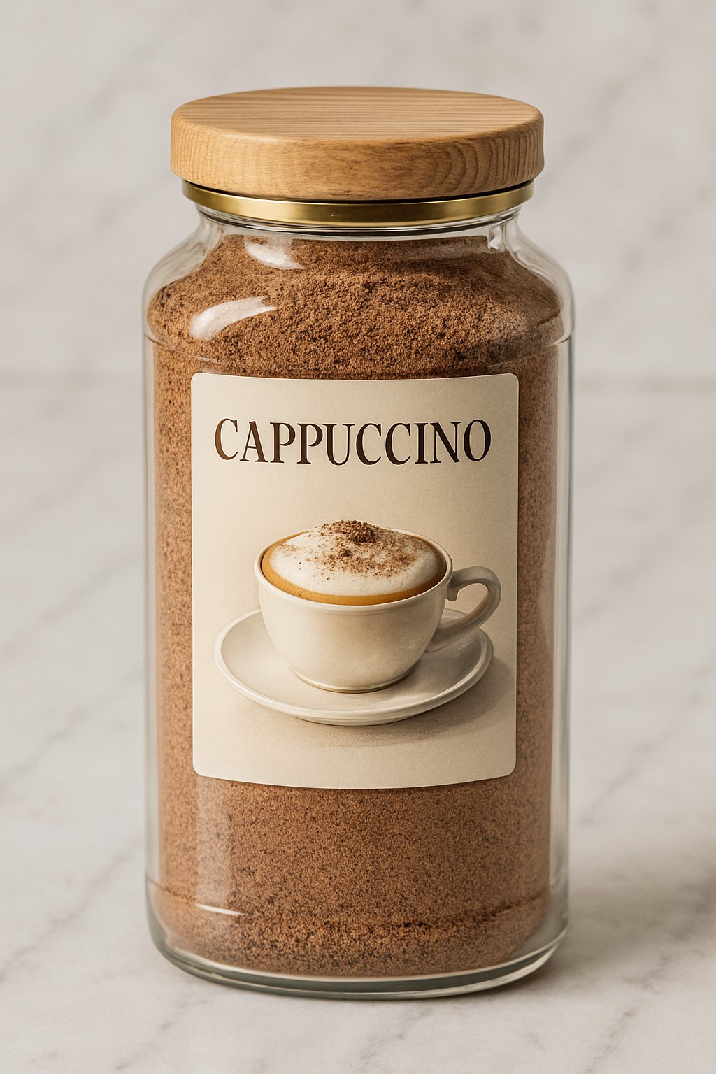 Cappuccinopulver in einer Schale neben einer Tasse Cappuccino