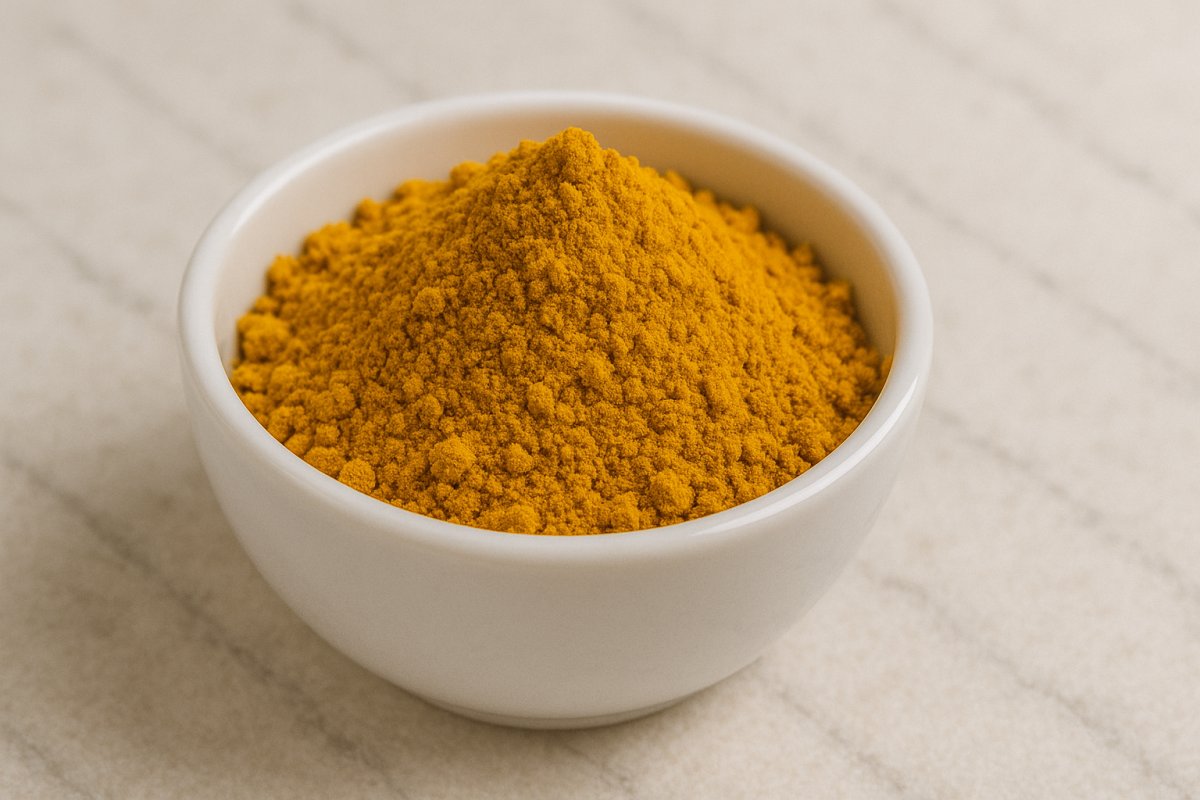 Gelbes Currypulver in einer Schale mit Löffel