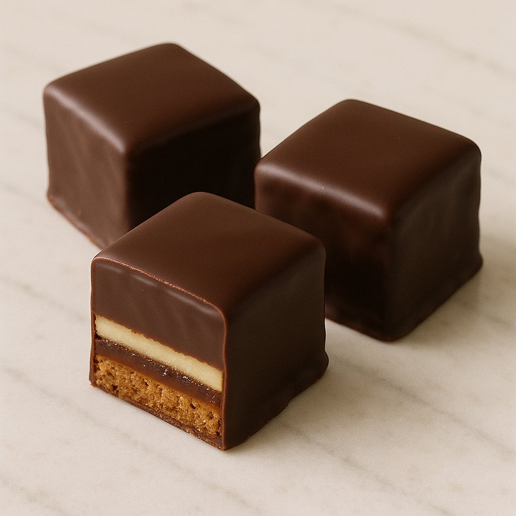 Mehrere Dominosteine mit Schokoladenüberzug auf einem Teller