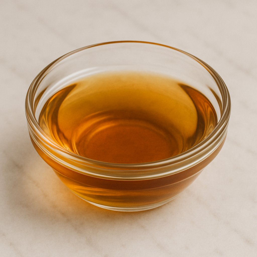 Ein Glasfläschchen mit klarem Essig auf einem Holztisch