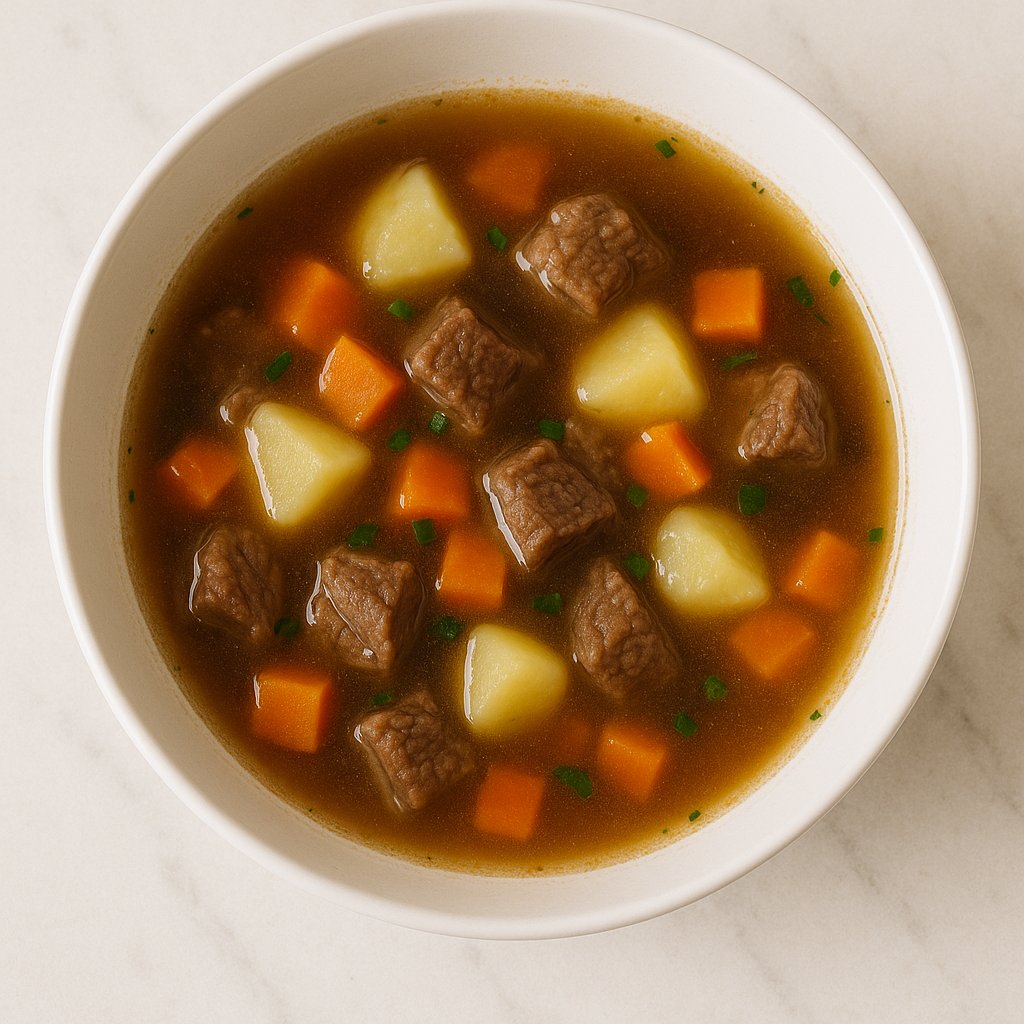 Eine Schüssel mit dampfender Fleischsuppe