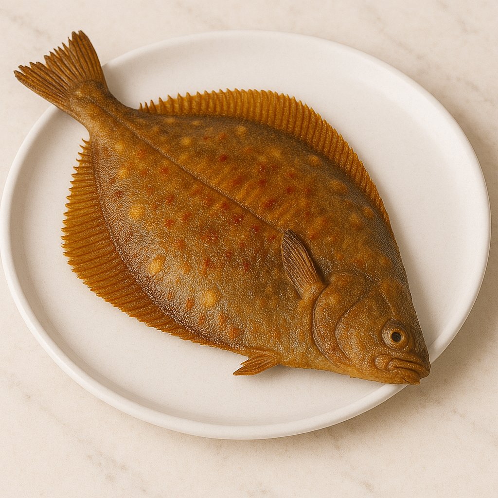 Rohe Flunder als ganzer Fisch auf Eis