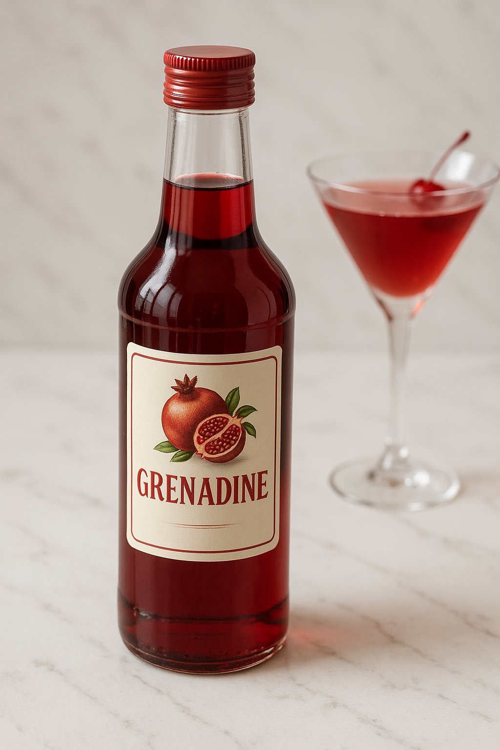 Roter Grenadine-Sirup in einer Glasflasche