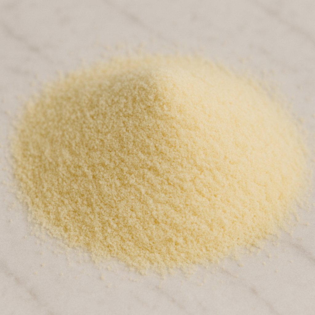 Schüssel mit hellem Weizengrieß auf einem Holzuntergrund