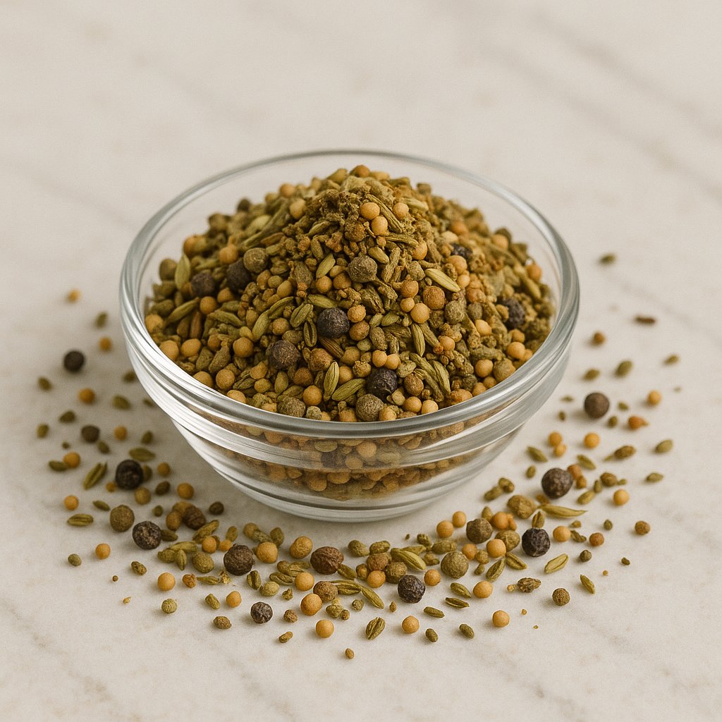 Schale mit getrocknetem Gurkengewürz und Gewürzkörnern