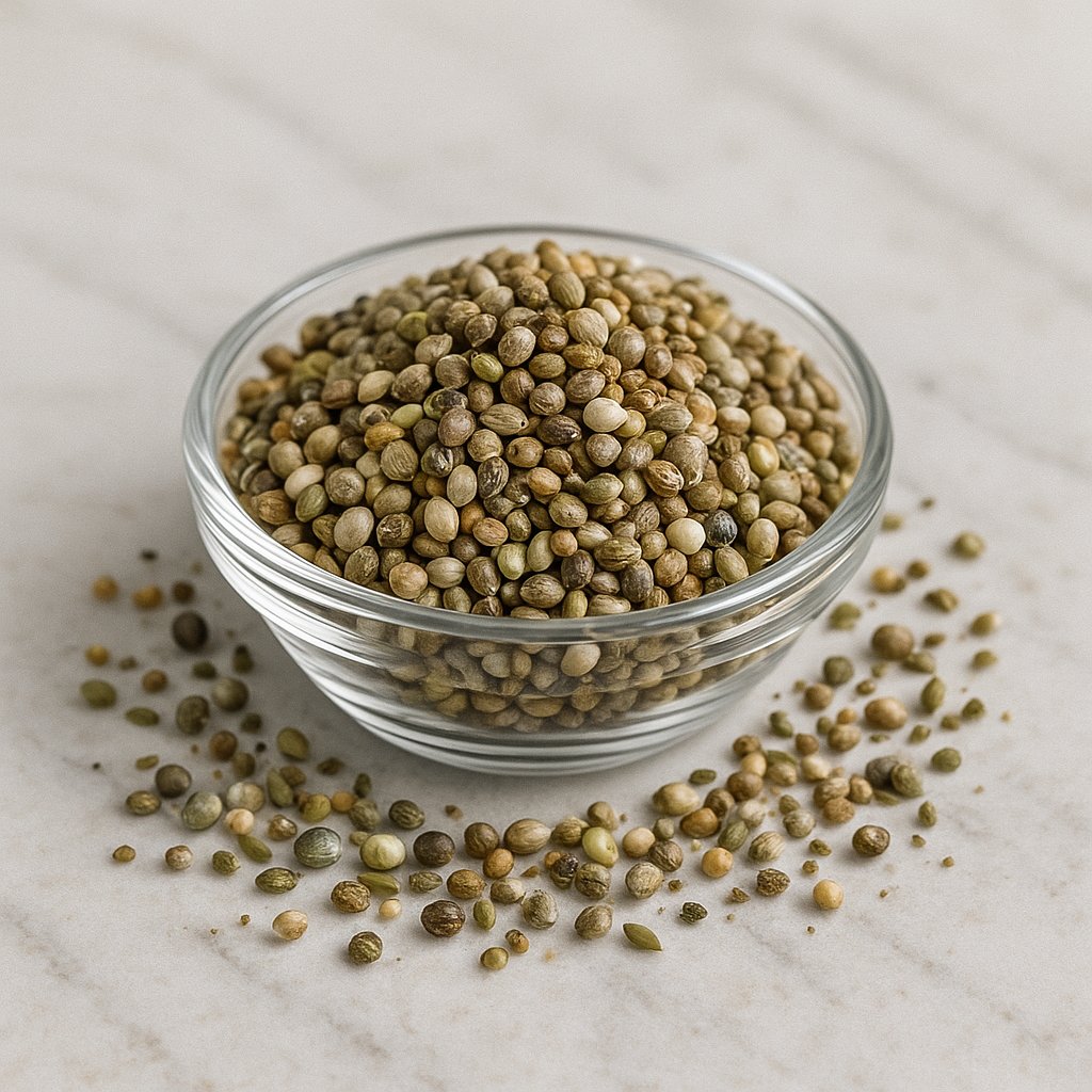 Hanfkörner in einer Schale und verstreut auf einem Tisch