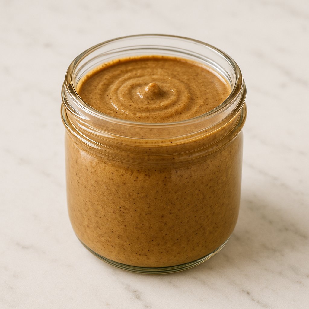 Ein Glas cremiges Haselnussmus mit gerösteten Haselnüssen daneben