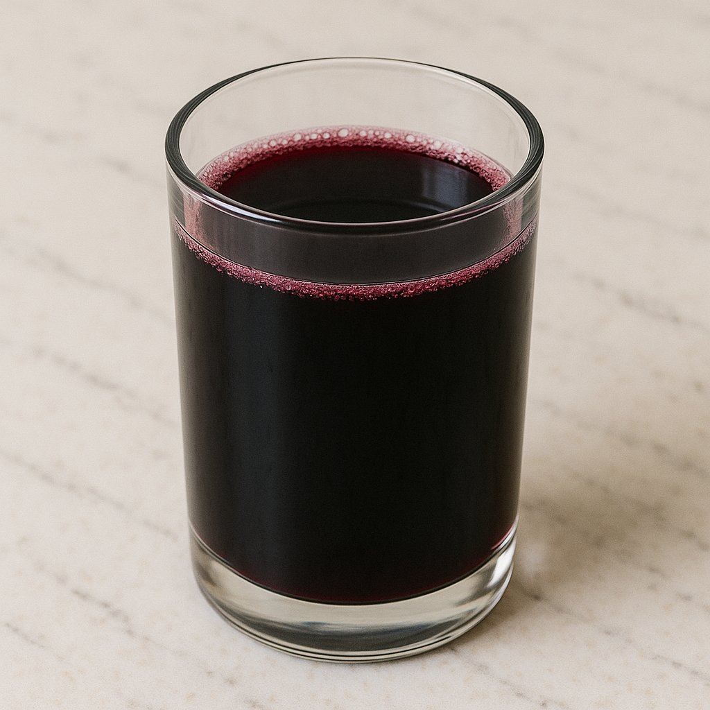 Ein Glas Heidelbeersaft mit frischen Heidelbeeren