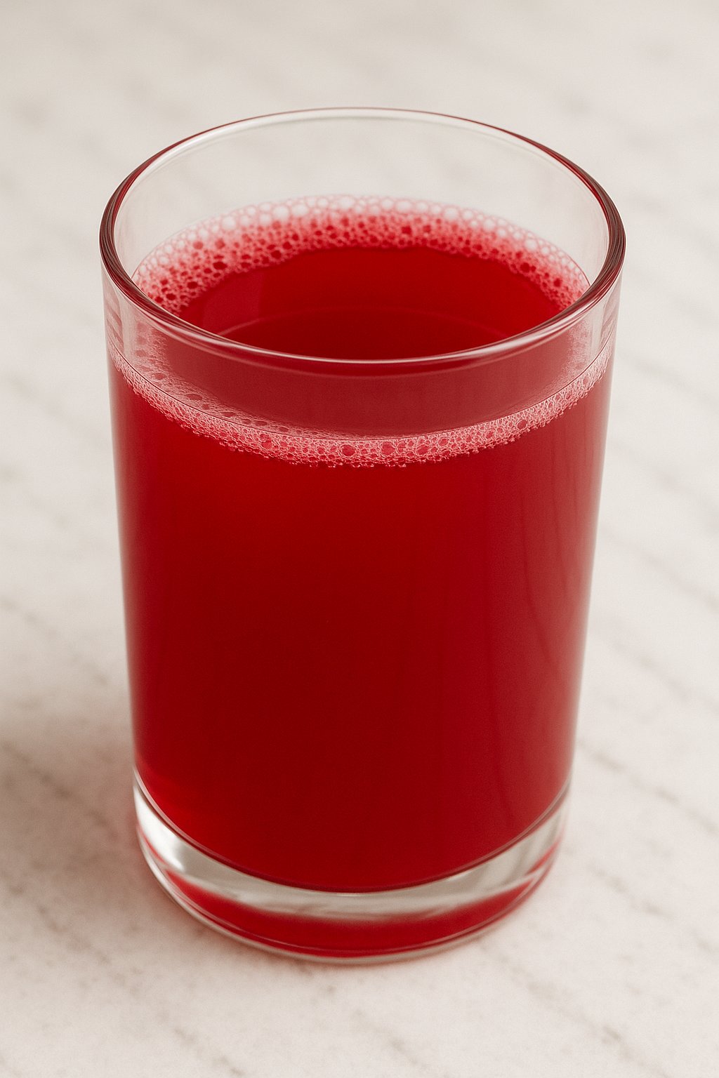 Glas mit rotem Himbeersaft und frischen Himbeeren