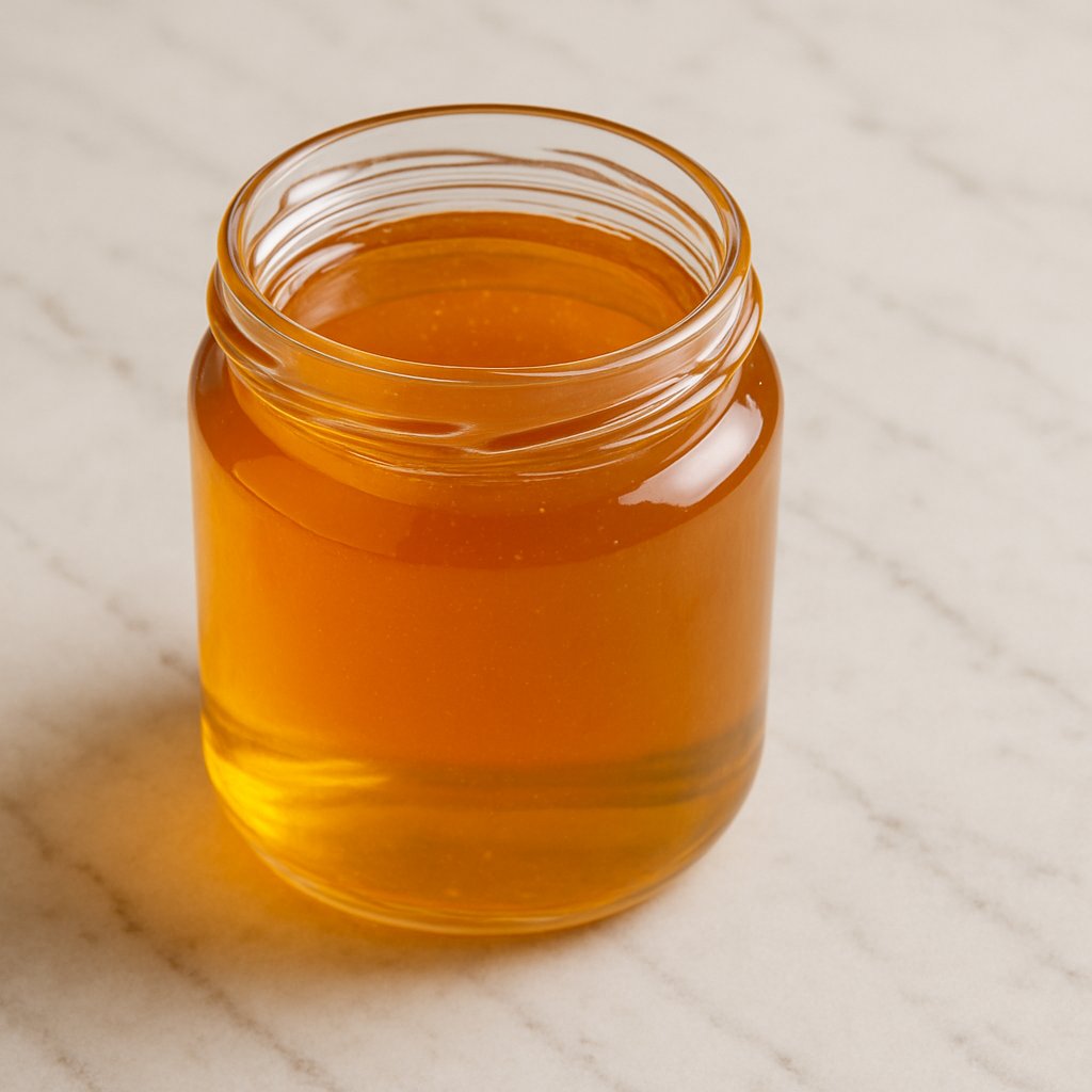 Flüssiger goldener Honig in einem Glas mit Löffel