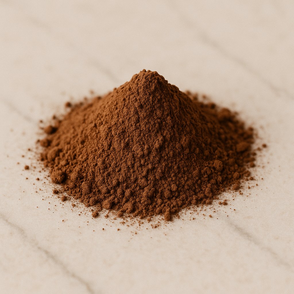 Braunes Kakaopulver in einer Schale mit Löffel