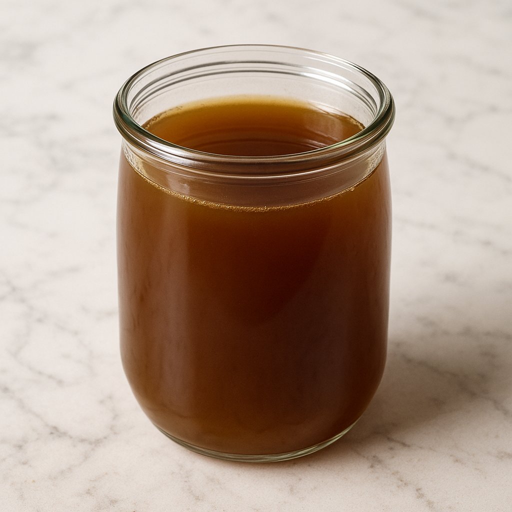 Ein Glas mit klarem Kalbsfond auf einem Holztisch