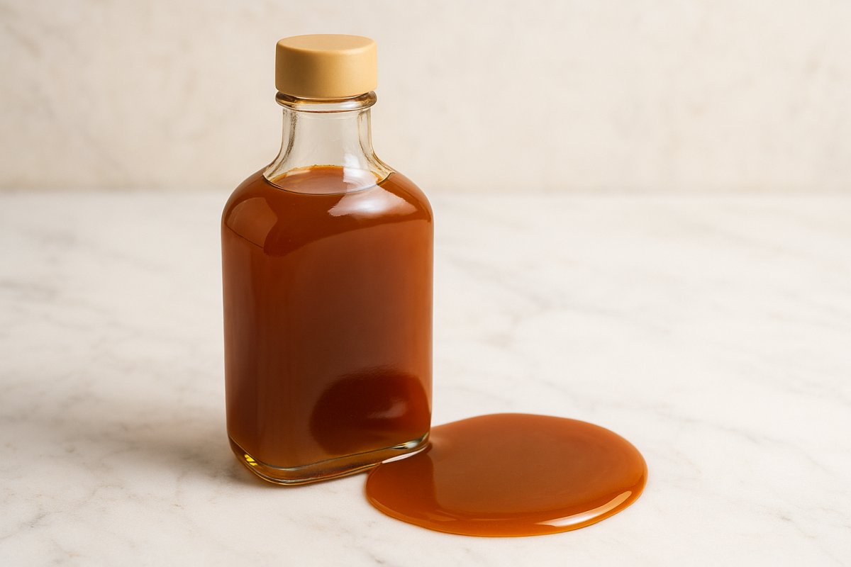 Ein Glas mit dickflüssigem Karamellsirup