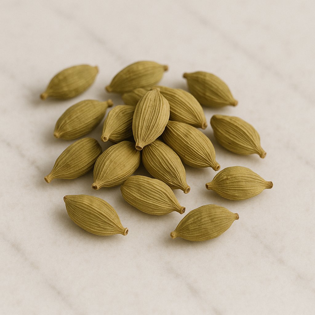 Grüne Kardamomkapseln und gemahlener Kardamom