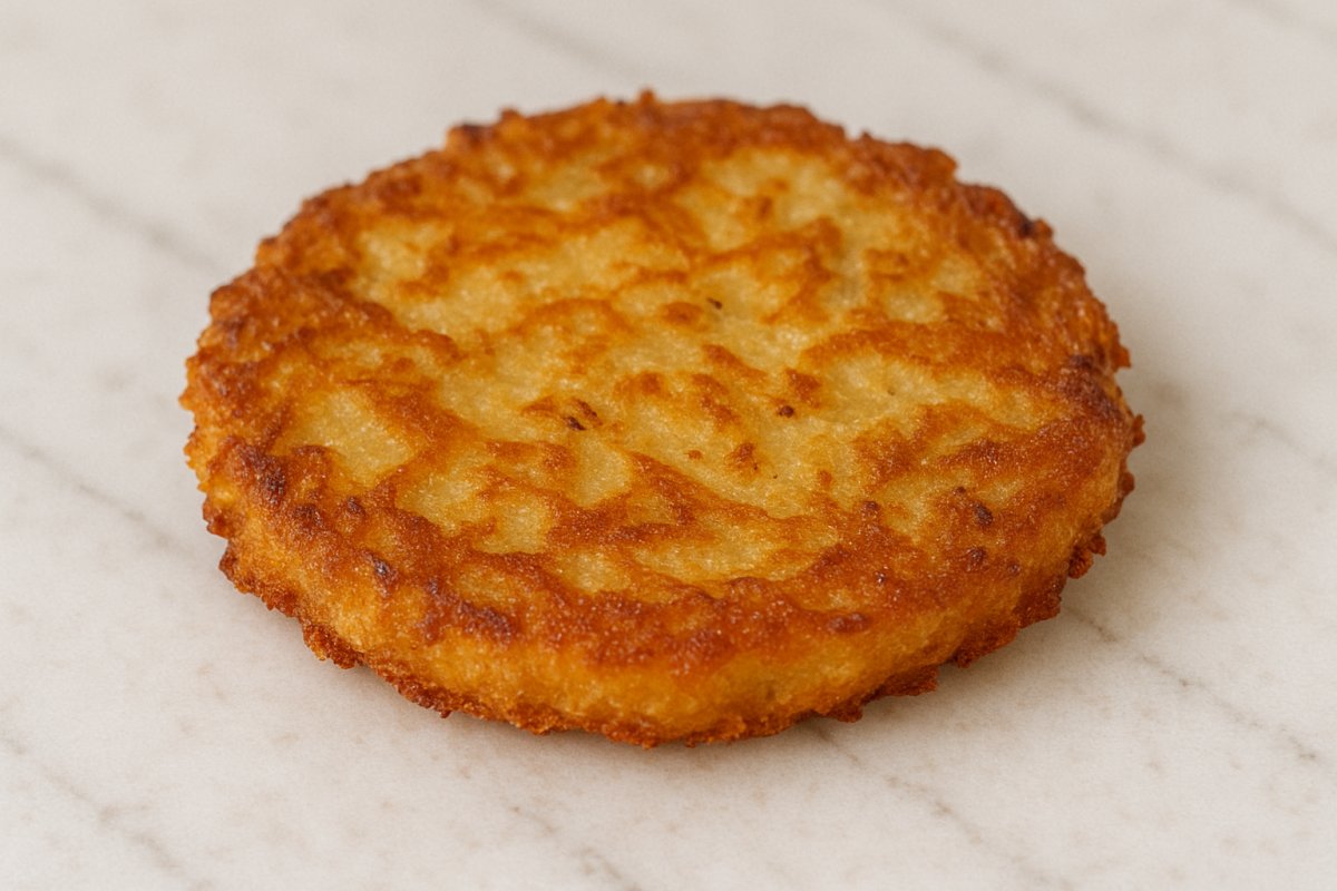 Mehrere goldbraun gebratene Kartoffelpuffer auf einem Teller