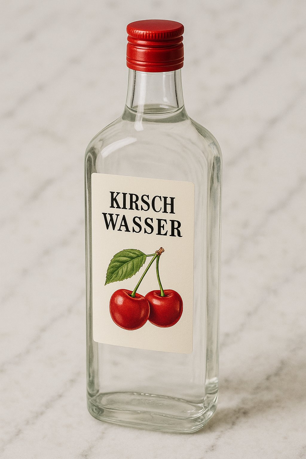 Ein Glas klarer Kirschwasser-Obstbrand neben frischen Kirschen