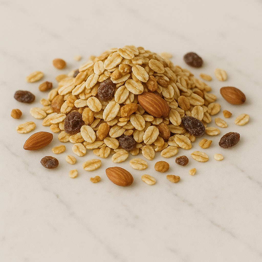 Schale mit trockenem Müsli aus Haferflocken und Körnern