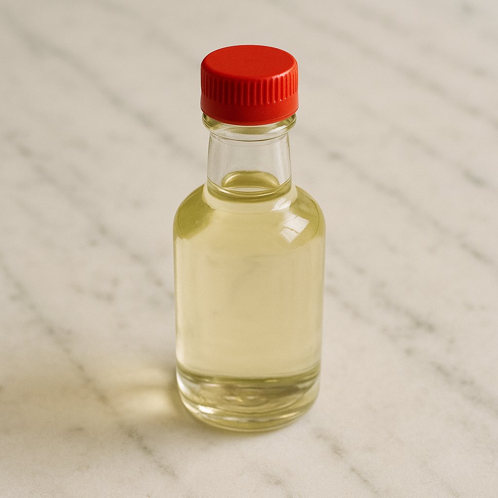 Fläschchen mit Mandelaroma neben Mandeln