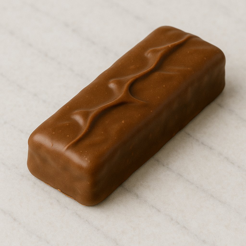 Ein aufgeschnittener Mars-Schokoriegel mit sichtbarer Karamell- und Nougatschicht