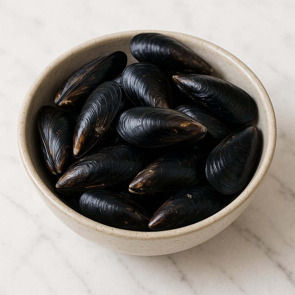 Frische Miesmuscheln in ihren schwarzen Schalen