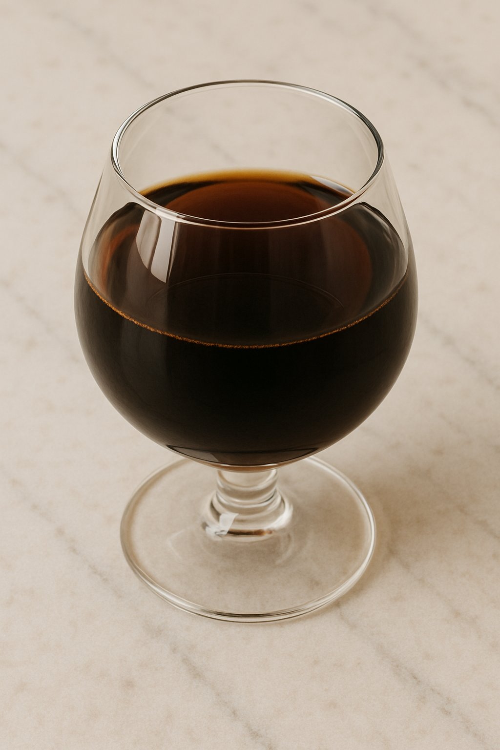 Ein Glas Mokkalikör mit Kaffeebohnen daneben