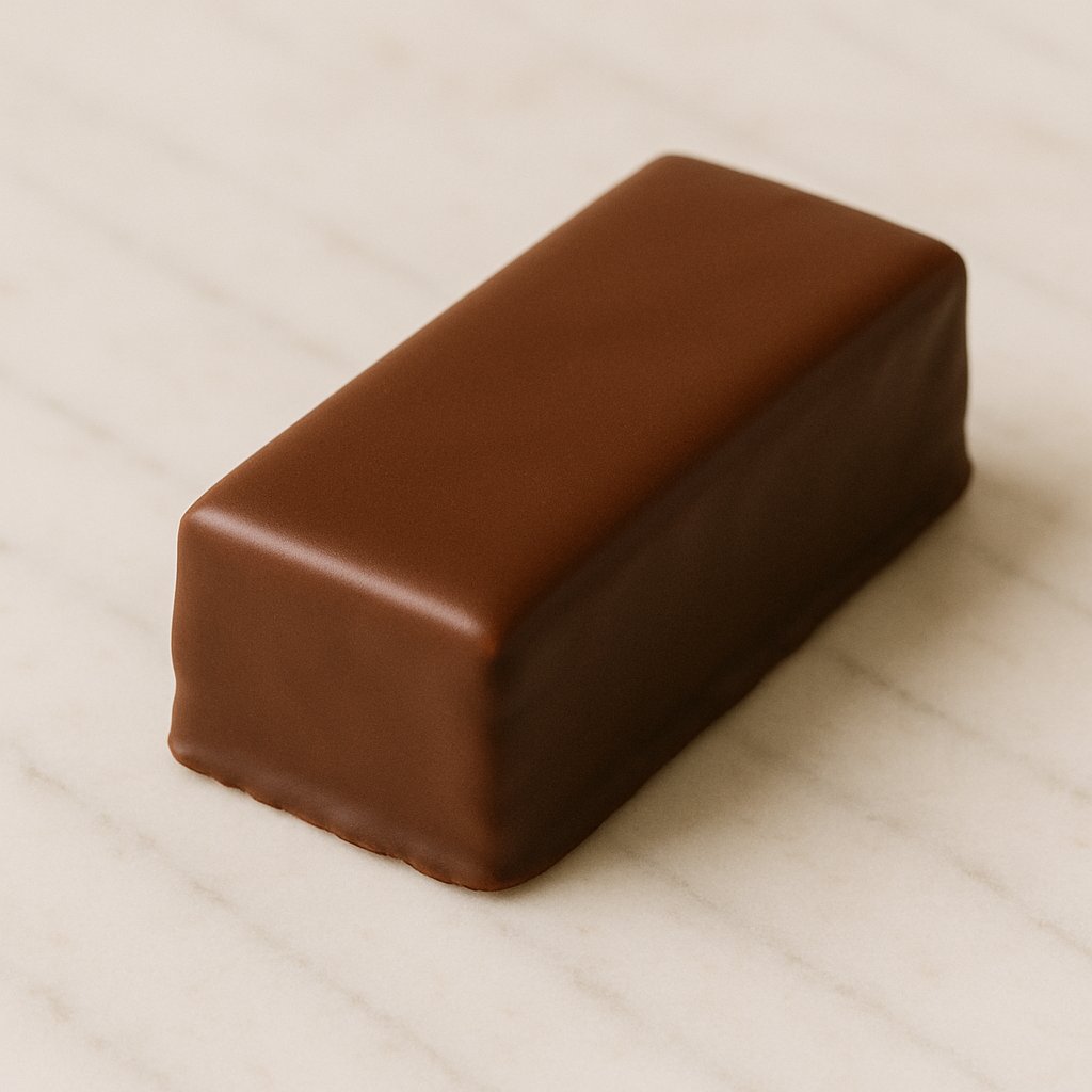 Ein Nougatriegel mit Schokoladenüberzug und Nougatfüllung