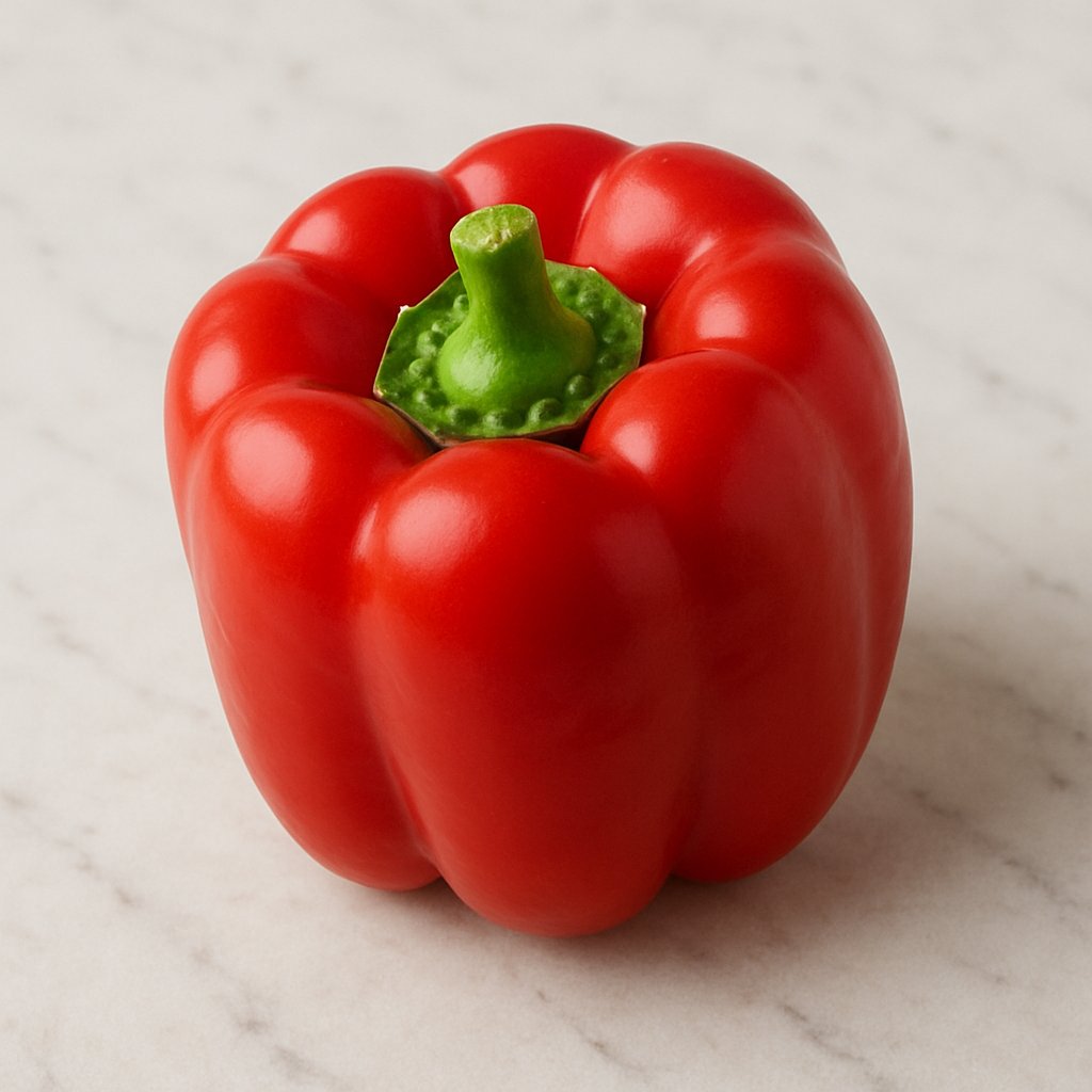 Frische rote Paprikaschote aufgeschnitten auf einem Schneidebrett