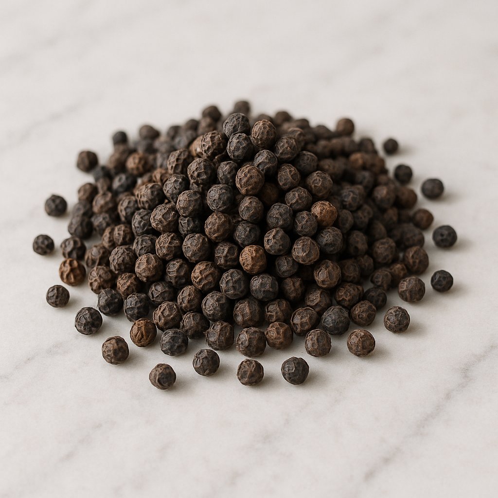 Getrocknete schwarze Pfefferkörner und gemahlener Pfeffer