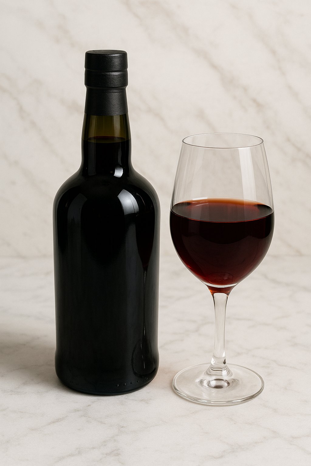 Glas mit rotem Portwein auf einem Holztisch