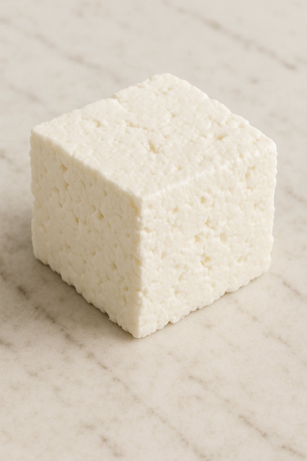 Ein Stück Schafskäse auf einem Holzbrett mit Kräutern