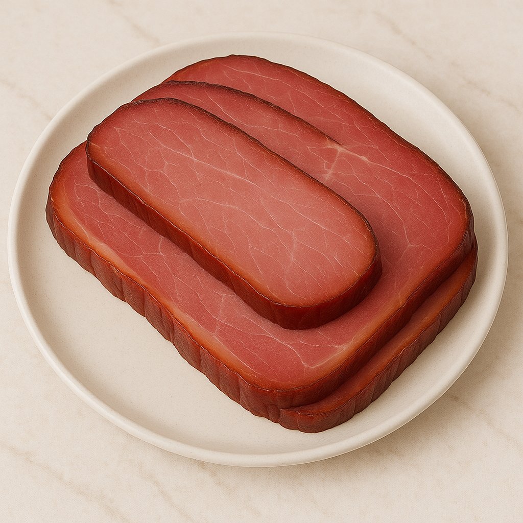 Scheiben von geräuchertem Schinken auf einem Holzbrett