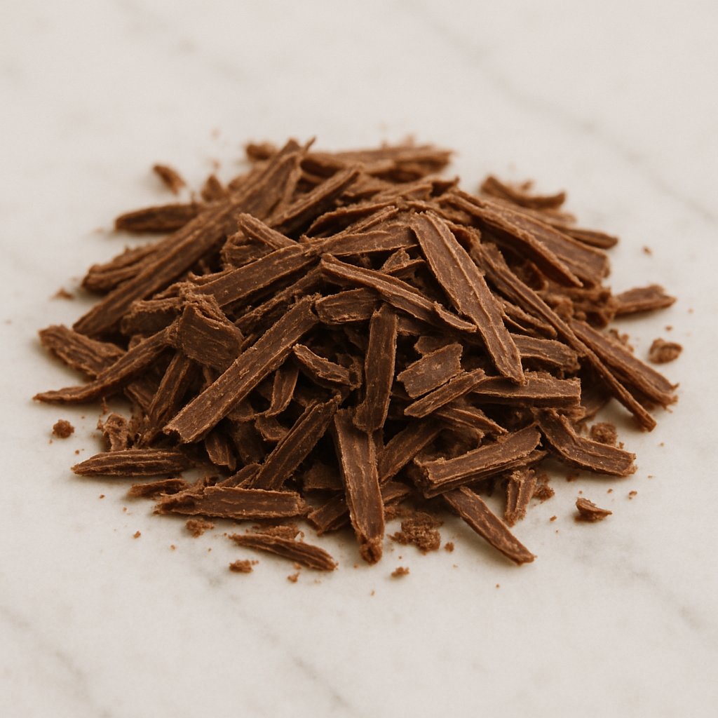 Geraspelte Schokolade auf einem Holzbrett