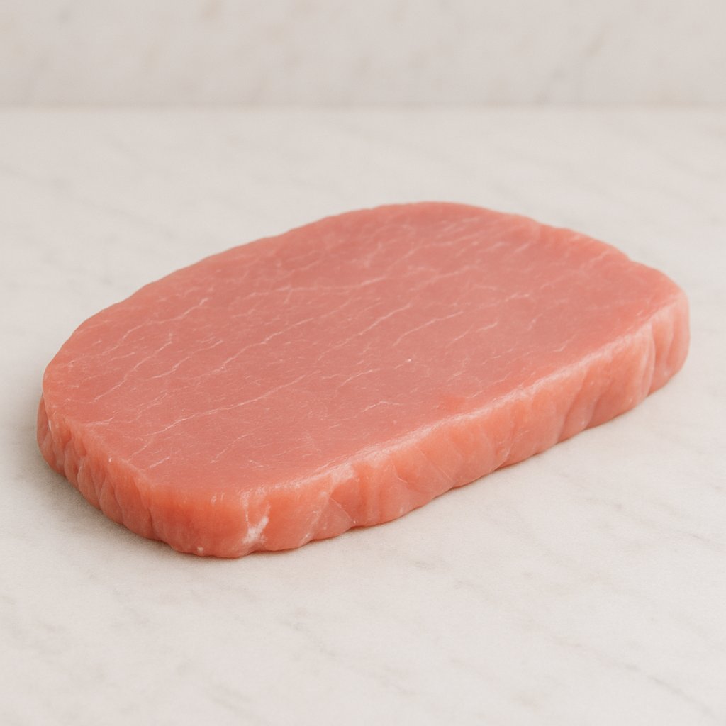 Rohes paniertes Schweineschnitzel auf einem Holzbrett