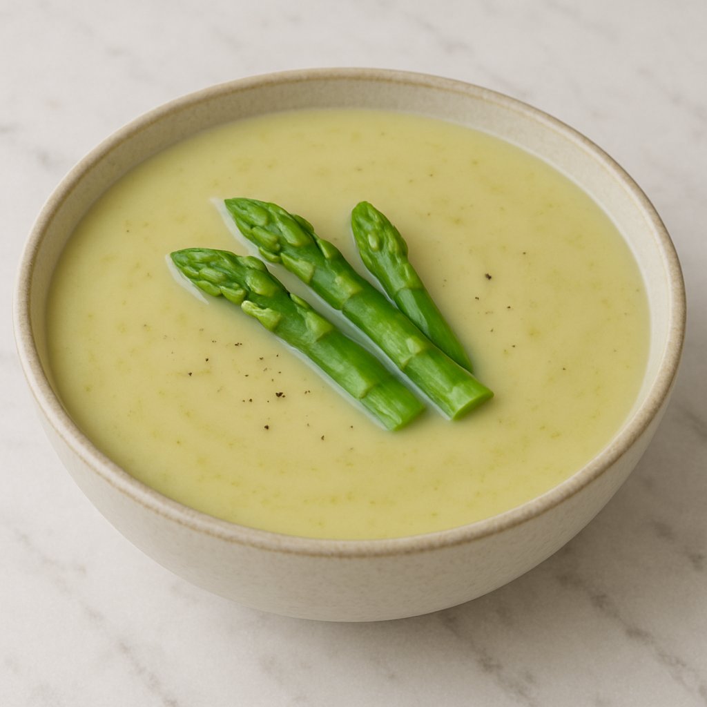 Teller mit cremiger Spargelcremesuppe und Spargelstücken