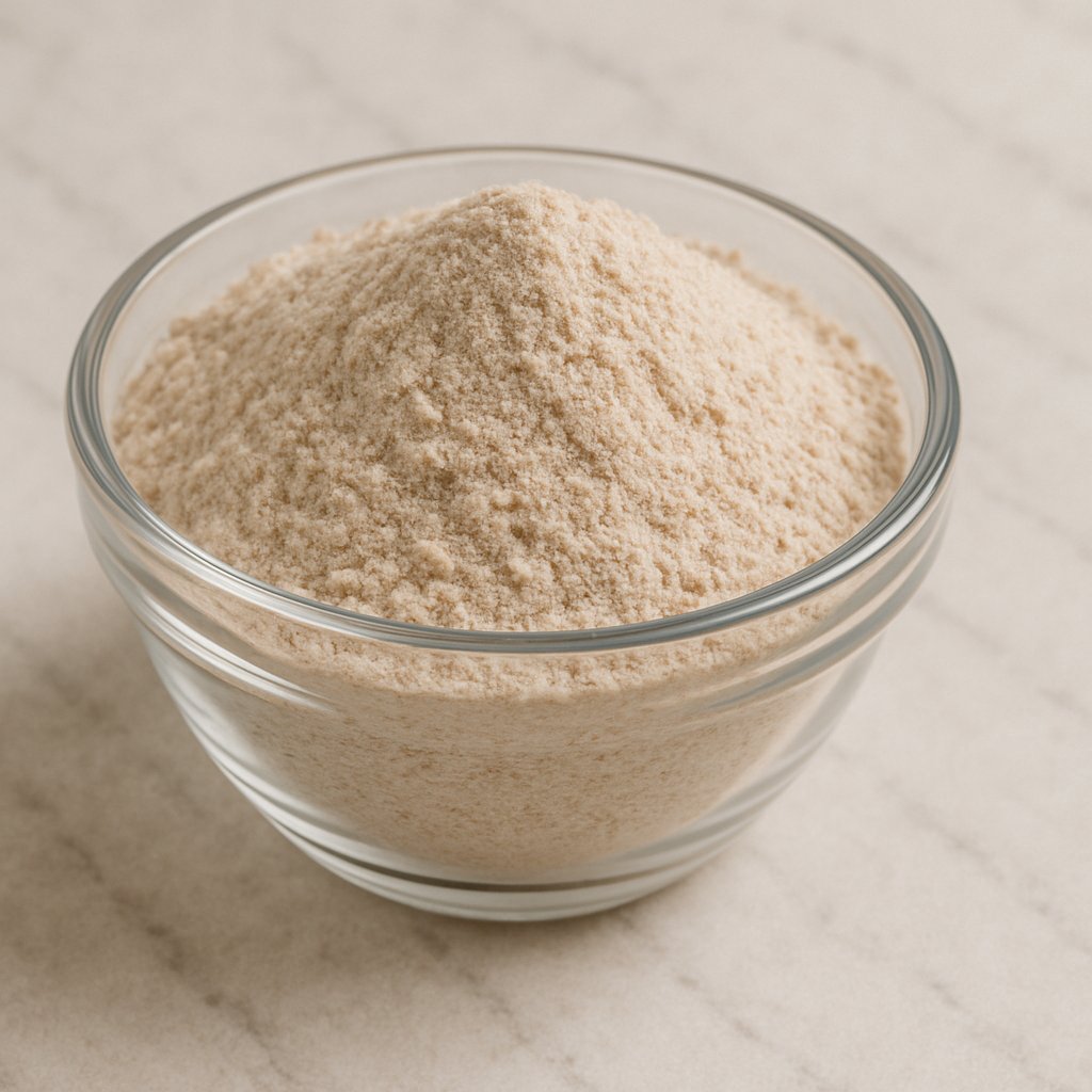 Vollkornmehl in einer Schüssel mit Getreidekörnern daneben