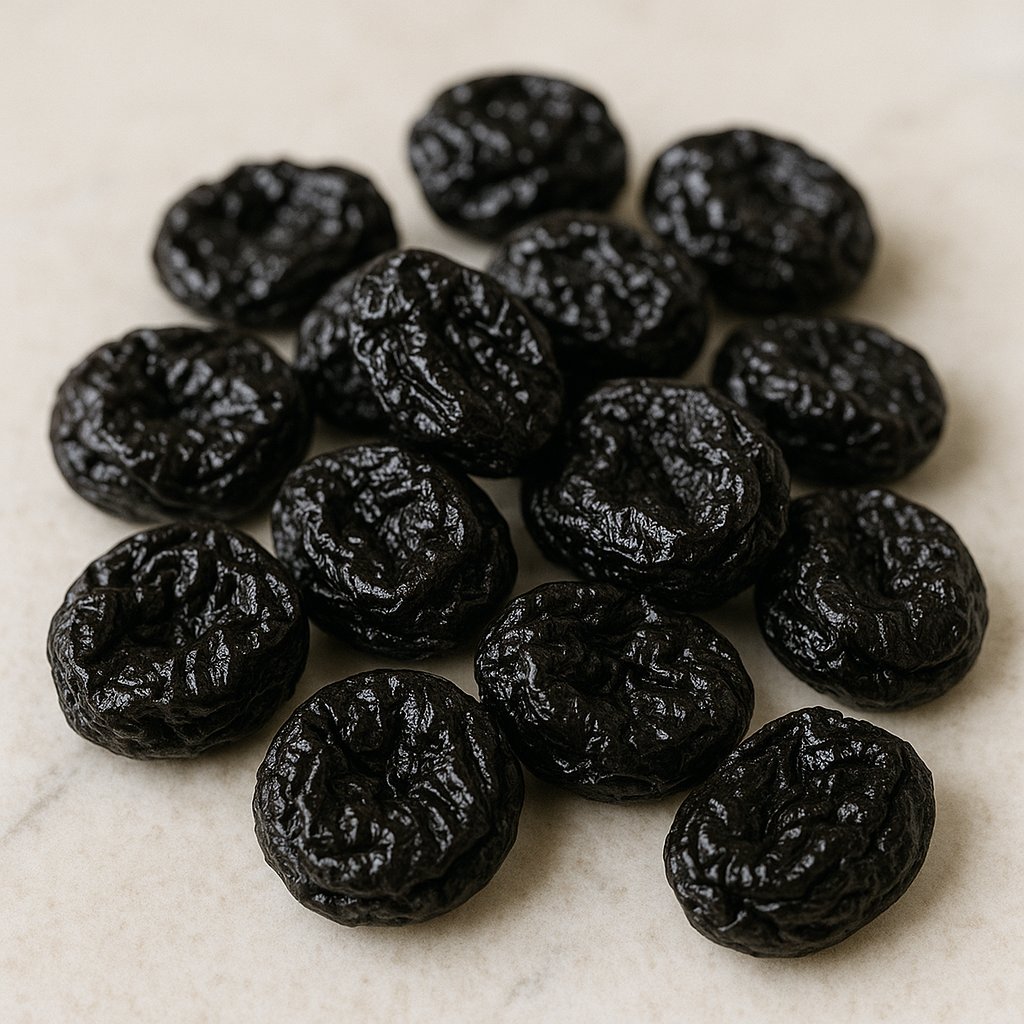 Getrocknete Pflaumen auf einem Holzbrett