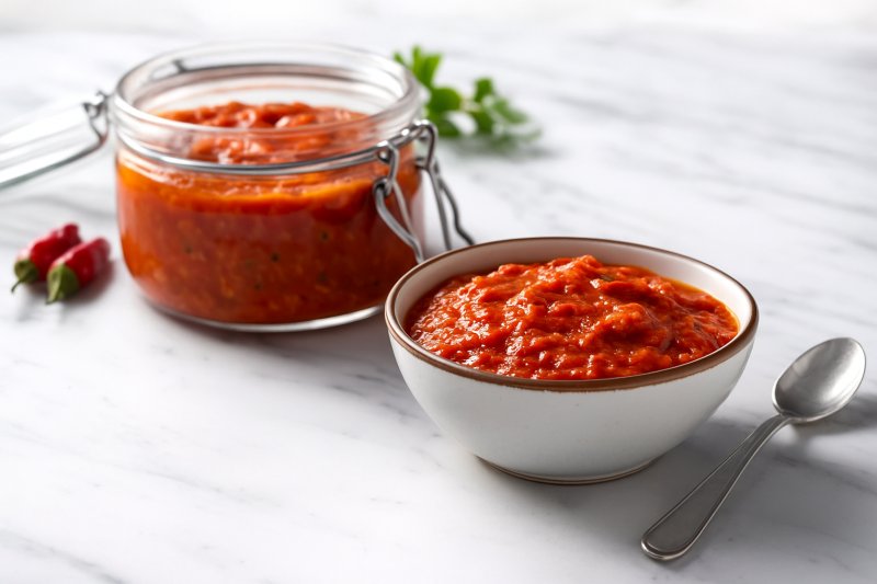 Schale mit roter Ajvar-Paprikapaste