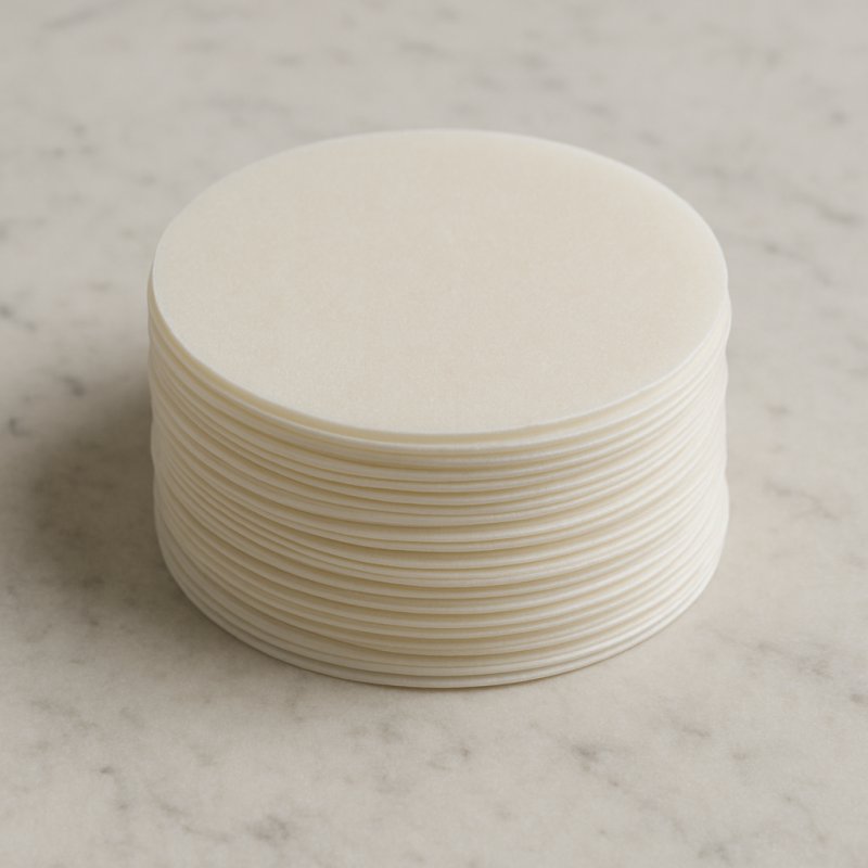 Runde weiße Backoblaten auf einem Holzbrett