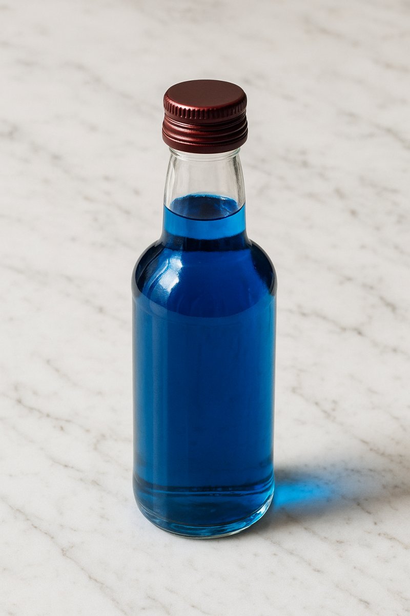 Flasche Blue Curacao Likör neben einem Cocktailglas