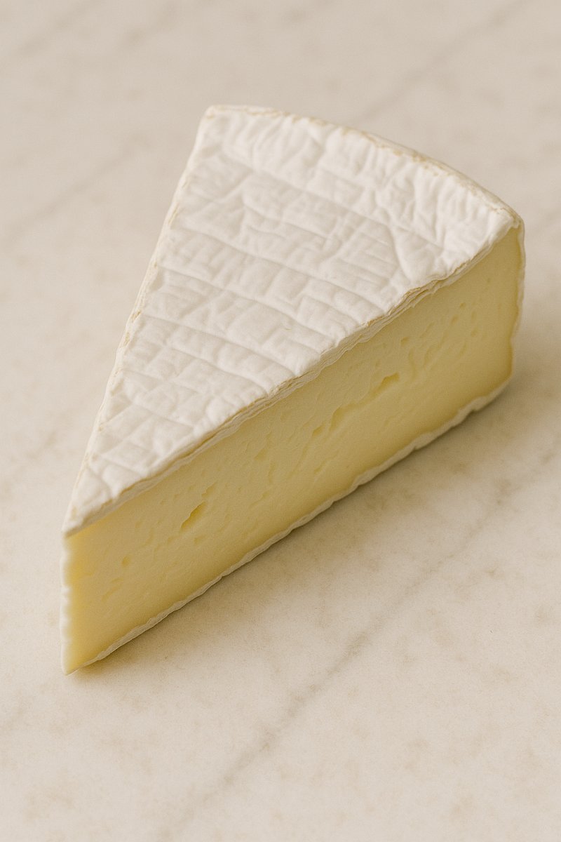 Ein Stück Brie-Käse mit weißer Rinde auf einem Holzbrett