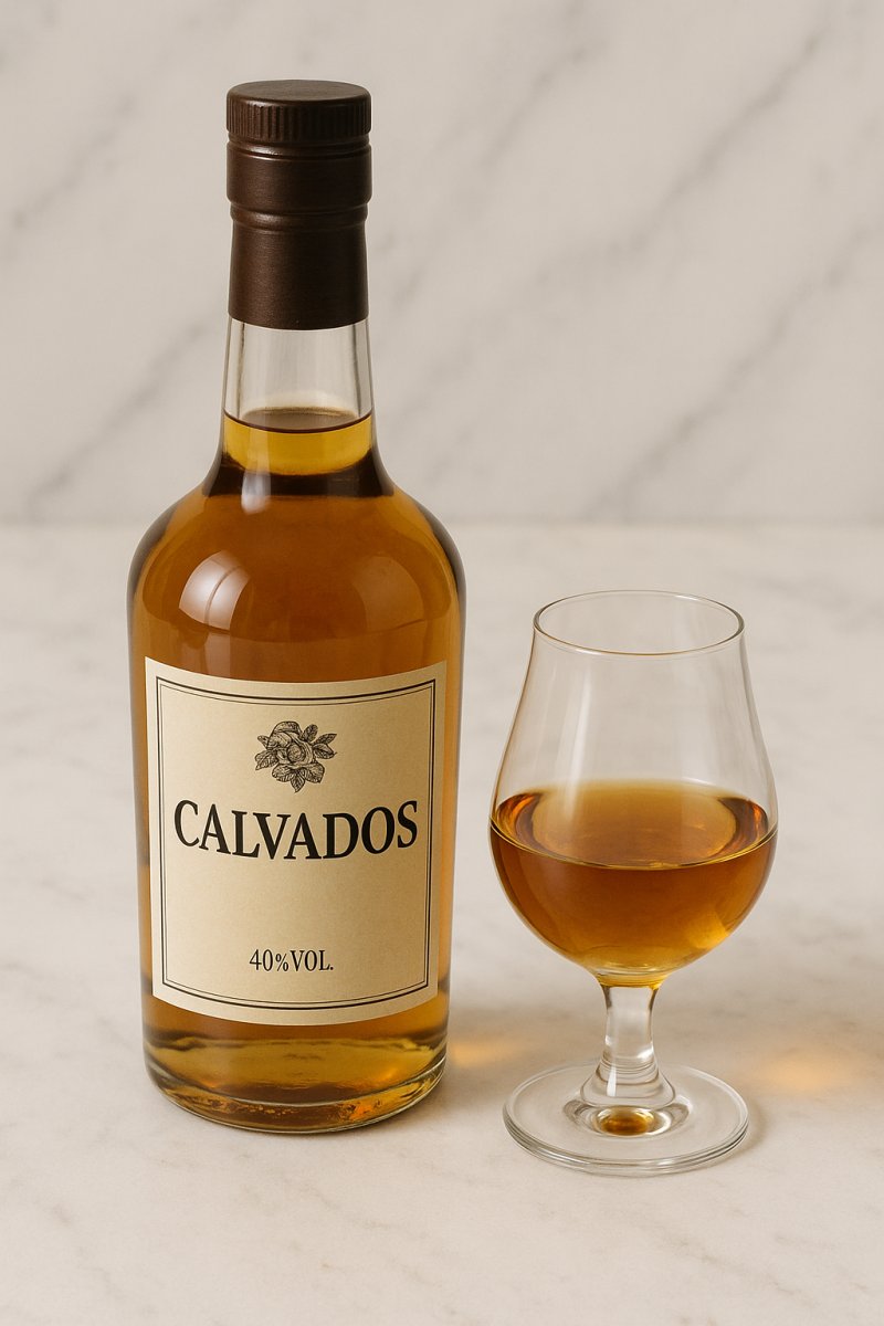 Ein Glas Calvados neben frischen Äpfeln