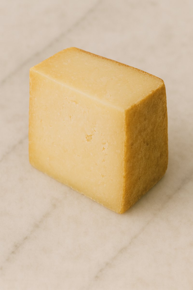 Stück Fontina-Käse mit natürlicher Rinde auf einem Holzbrett