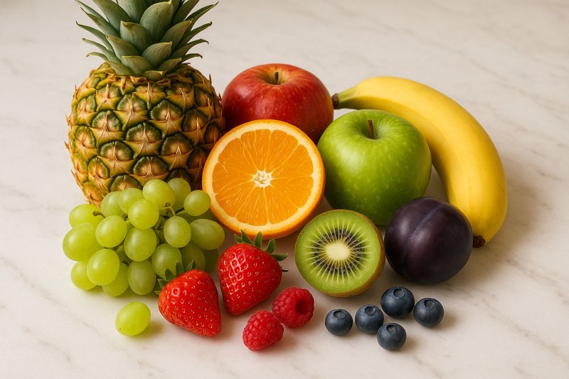 Verschiedene frische Früchte wie Äpfel, Beeren und Trauben