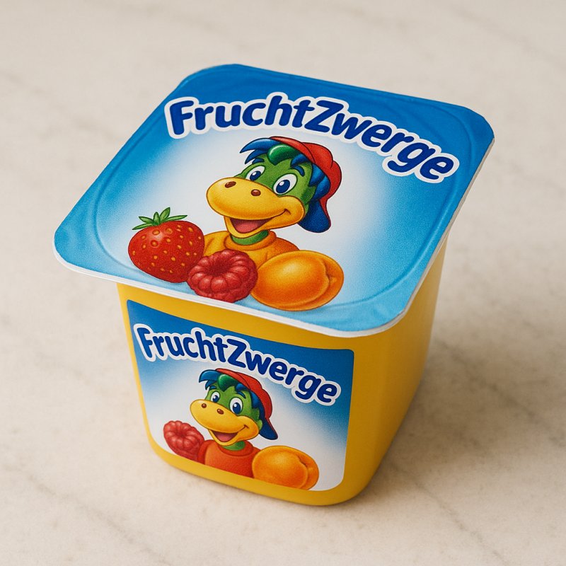 Ein Fruchtzwerg im kleinen Becher mit cremiger Quark-Frucht-Masse