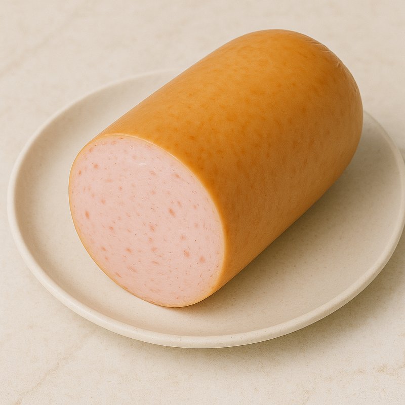 Aufgeschnittene Geflügelwurst in Scheiben auf einem Holzbrett